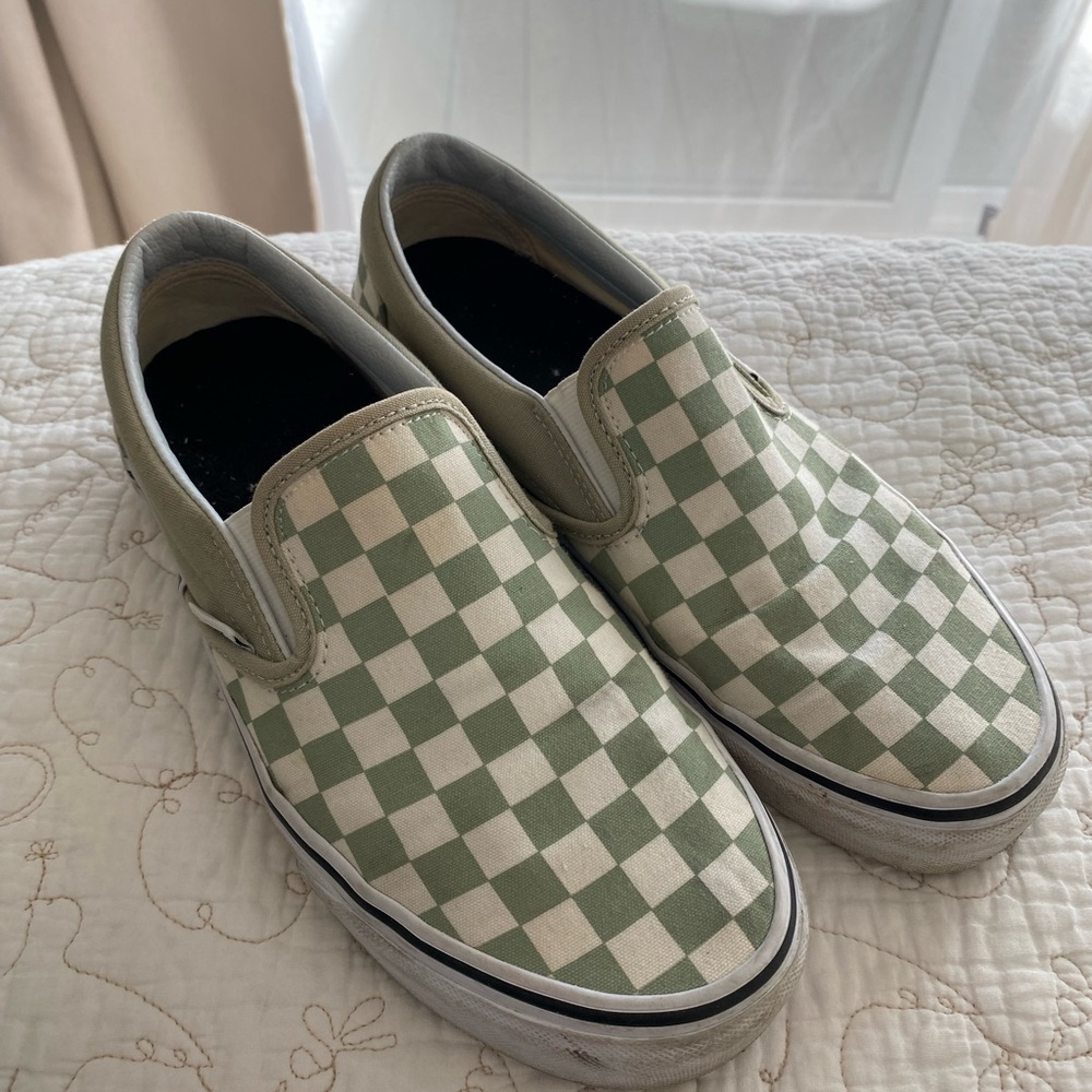 Vans Green and White Checkered Slip-On Sneakers